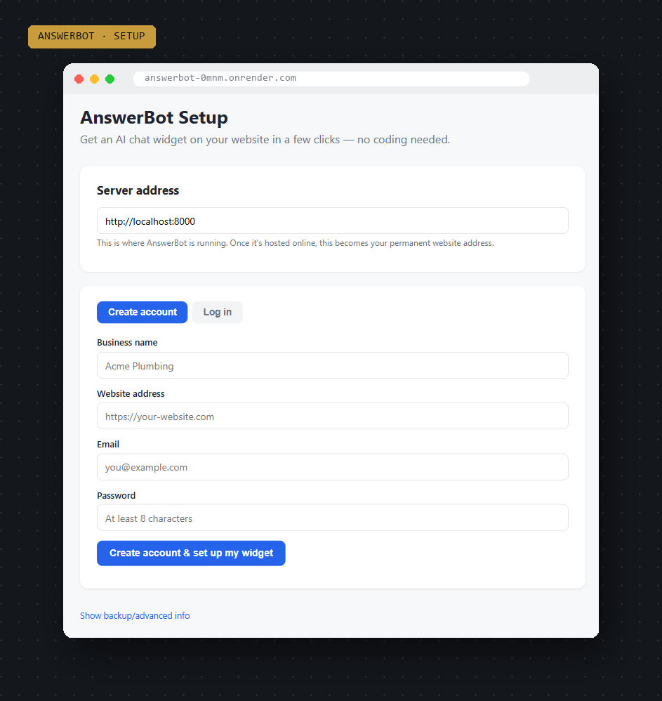 AnswerBot setup screen, connecting a website and creating an account