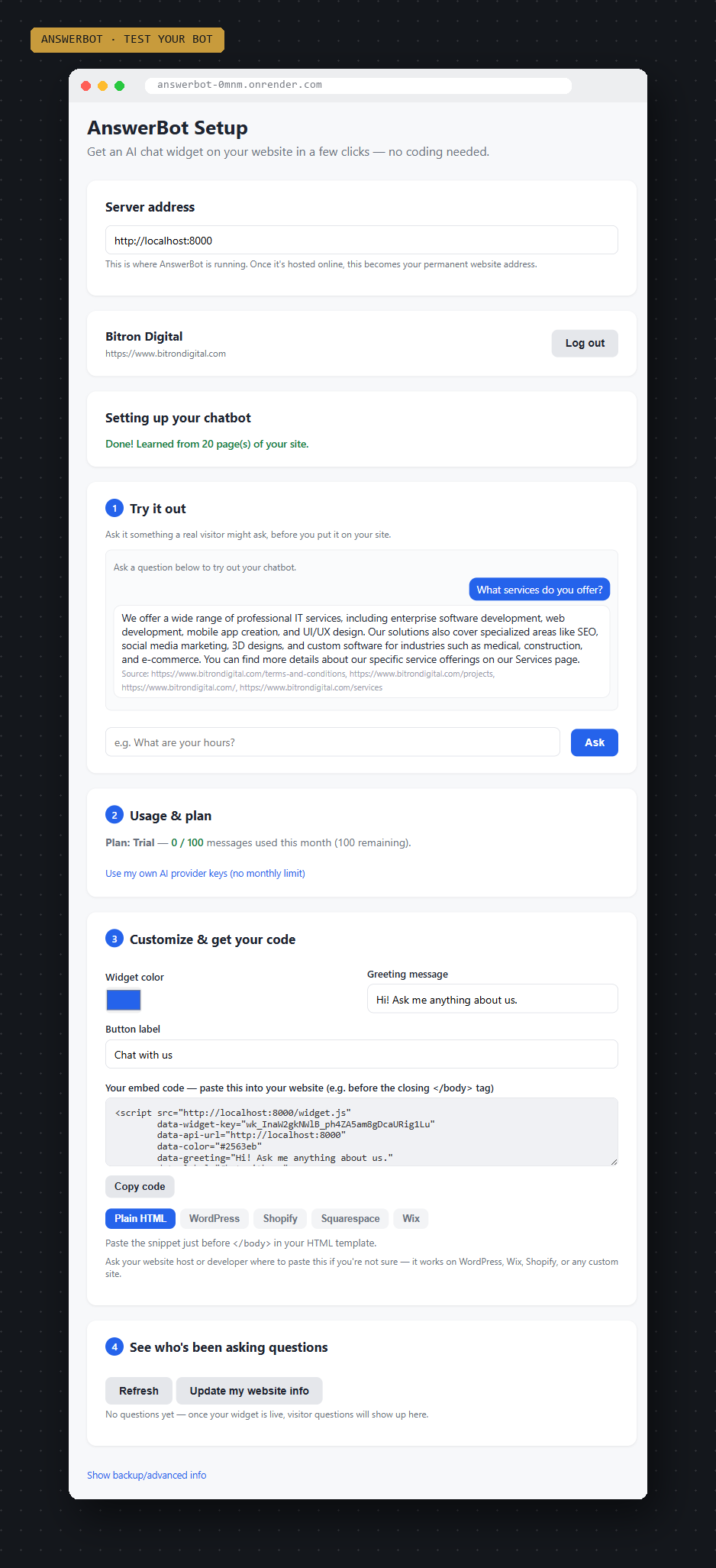 AnswerBot dashboard showing a test conversation with real answers