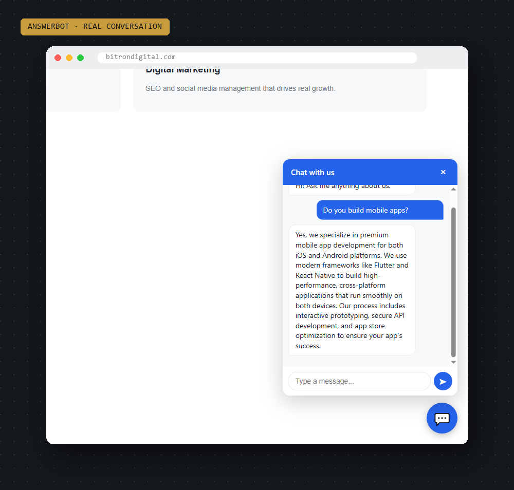 AnswerBot widget live on a real customer website, answering a visitor's question