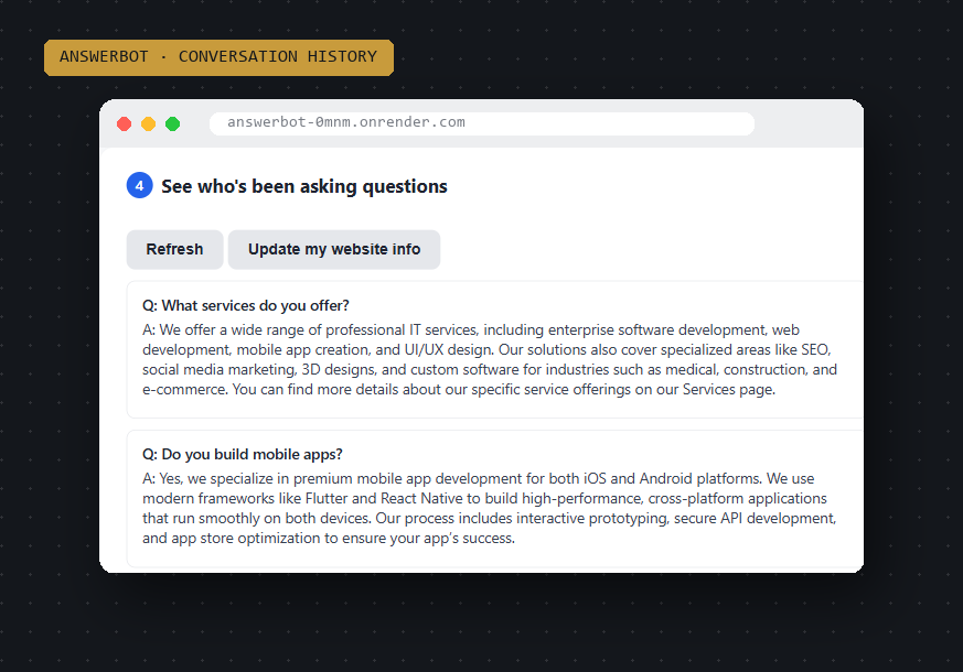 AnswerBot conversation history showing real visitor questions and answers