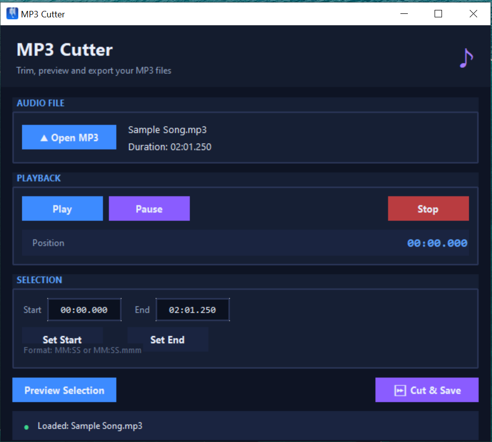 MP3 Cutter dashboard showing a loaded MP3 file with duration and playback controls